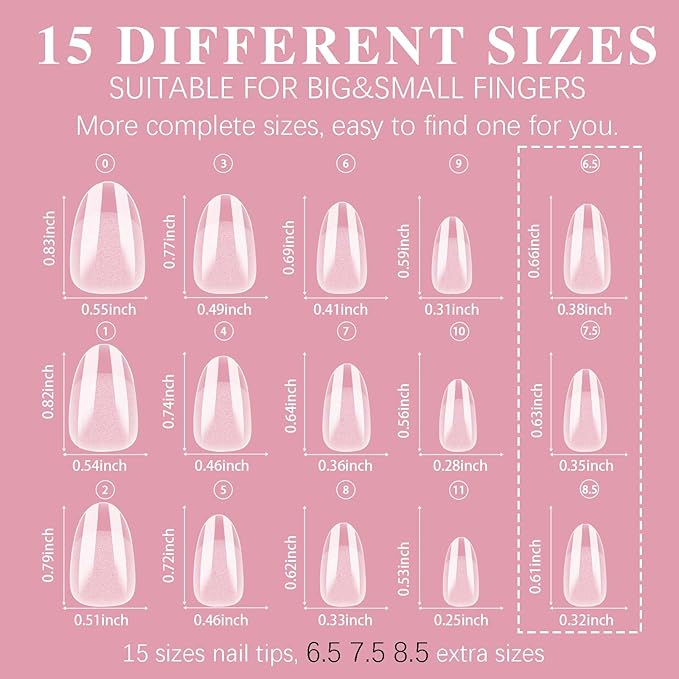 Short Almond Nail Tips, SSWSBYKE 300pcs 15 Sizes Gel Acrylic Nail Tips for Full Cover Pre-Shaped Fake Nails Tips Half Matte Press On Nails for Extension Home DIY Salon