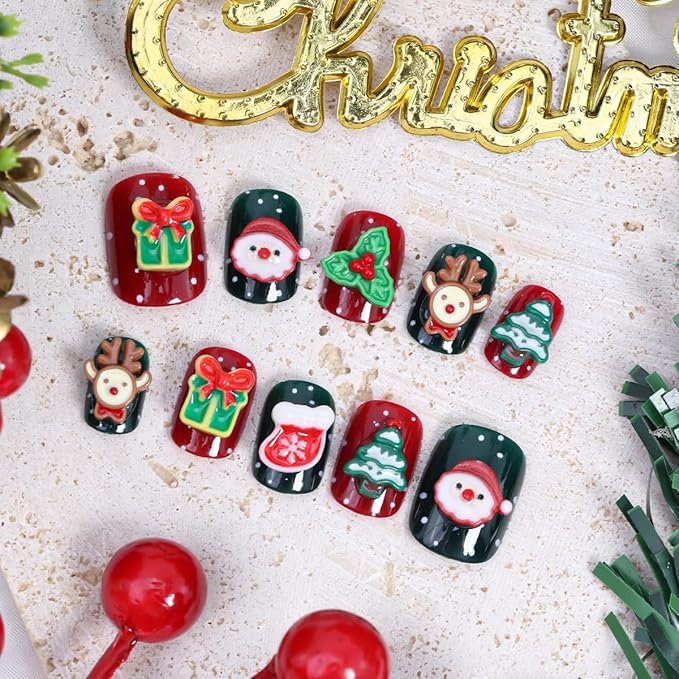 24Pcs Christmas Press on Nails Petite Short Square Fake Nails 3D Santa Claus Reindeer Design Winter Glue on Nails Xmas Tree Rhinestones Full Cover False Nail Cute Artificial Acrylic Nail Supplies Kit