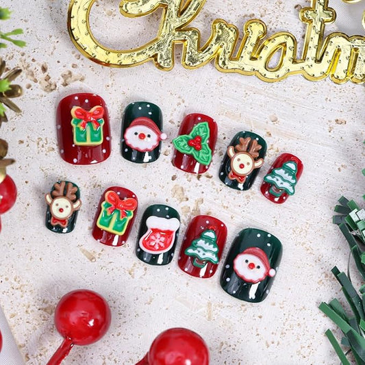 24Pcs Christmas Press on Nails Petite Short Square Fake Nails 3D Santa Claus Reindeer Design Winter Glue on Nails Xmas Tree Rhinestones Full Cover False Nail Cute Artificial Acrylic Nail Supplies Kit