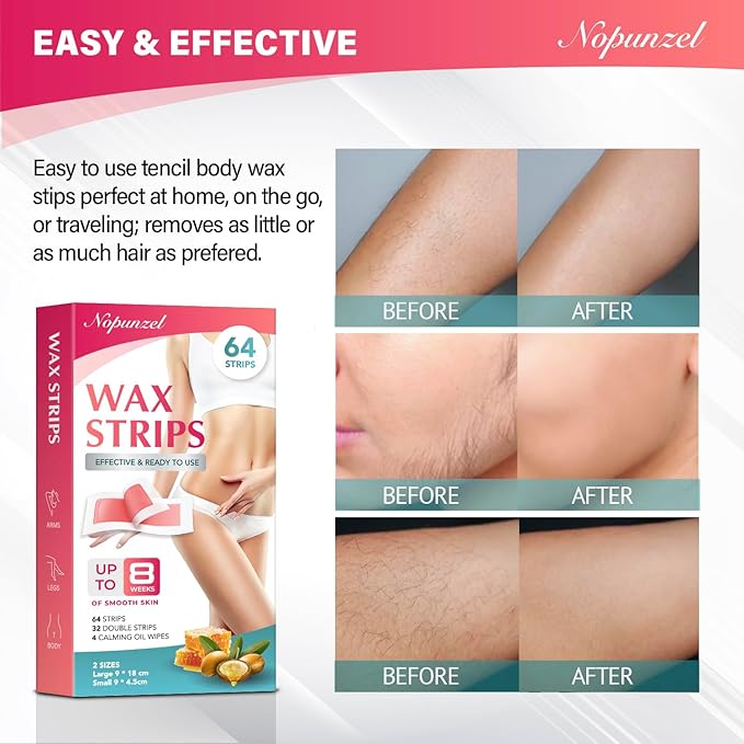 Wax Strips: 64 Waxing Strips - Hair Removal Wax - Brazilian Waxing - Waxing Kit for Women - Body Legs Arms Chest Bikini Back - Wax Kit At Home for Hair Removal - 2 sizes - 4 Calming Oil Wipes