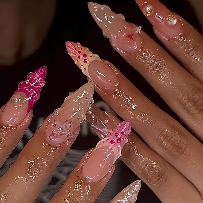 24Pcs French Tip Press on Nails Medium Almond Fake Nails with 3D Designs Seashell Stick on Nails Summer Flower False Nails Butterfly Charms Acrylic Nails Cute Pearl Glue on Nails for Women Nail Kit