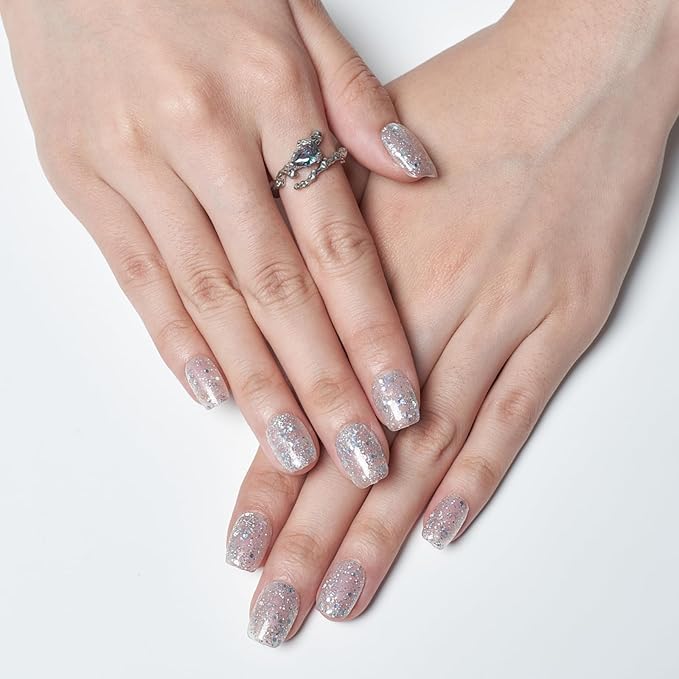 GLAMERMAID Press on Nails Extra Short Square, Spring Summer Handmade Glitter Silver Gel Glue on Nails, Glossy Fake Nails Reusable Acrylic False Nails Manicure Kits for Women