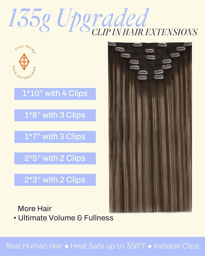 Full Shine Clip in Hair Extensions Balayage 135 G Thick Hair Extensions Clip ins Straight Dark Brown to Light Brown Remy Hair for Volume 18 Inch 7 Pcs