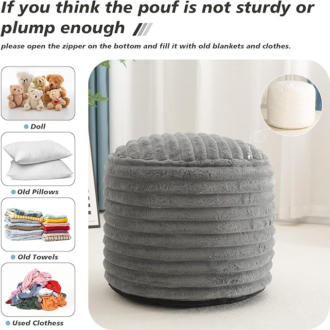 Pouf Ottoman Stuffed Round for Foot Rest, Faux Fur Poufs with Foam Chunk Filling, Storage Ottoman Pouf Foot Stool Cushion, 20 X 15 Inch Floor Chair for Living Room Bedroom Home Decor, Light Gray