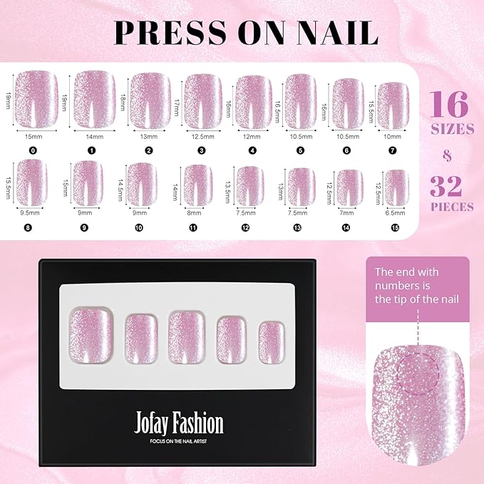 Pink Cat Eye Press on Nails Short, Jofay Fashion Soft Gel Fake Nails, Elegant Press on Nails, Reusable & Natural Acrylic False Nails, Stick on Nails for Women Girls Gift, Glue on Nails Kit 32 Pcs