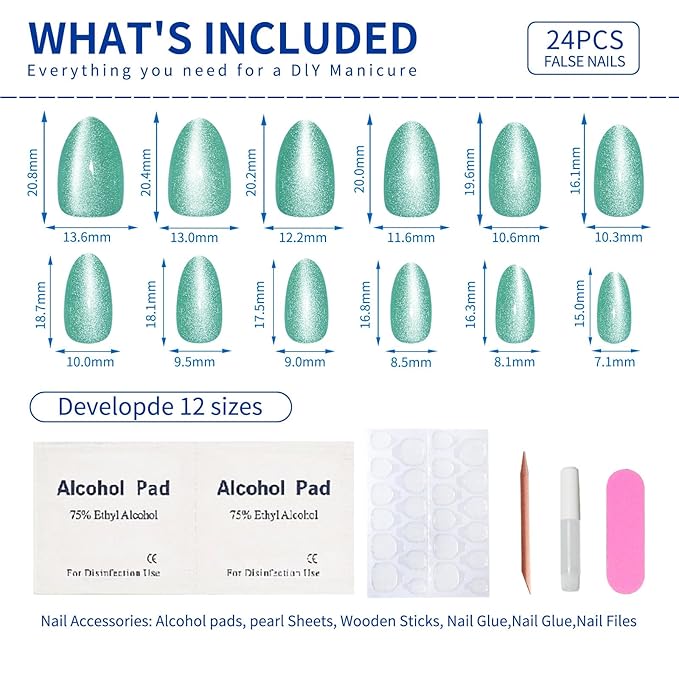 Green Almond Press On Nails Short Cat Eye Press on Nails with Glue for Women Ashionable Gel False Nails Reusable Acrylic False Nails Women's Glitter Nails Glue On Nails Kit, Mint Green