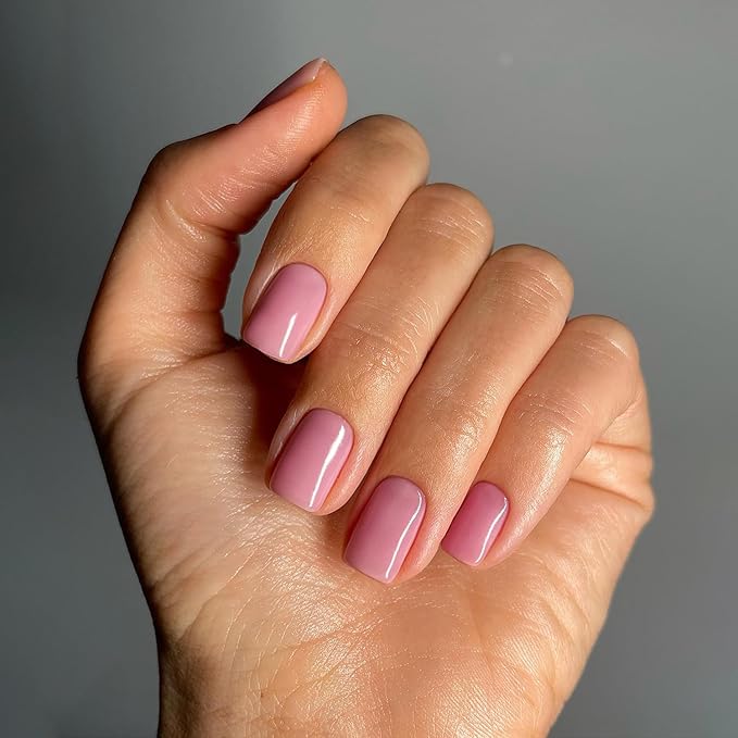 48 Pieces Rose Pink Square Press on Nails Short,KQueenest Gel Fake Nails Short Coffin,Pure Bright Color Natural Petite Nails,Solid Stick on Nails Press on for Women