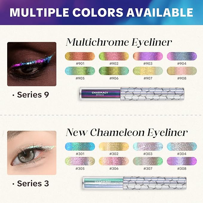 CHARMACY Chameleon Liquid Glitter Eyeliner - Highly Pigmented, Metallic MultiColor Shifting, Waterproof, Ultra-Fine Tip, Longwearing, Smudge-proof (#303)