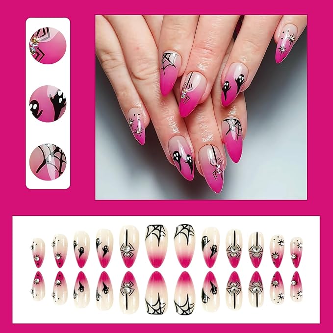 24Pcs Halloween Press on Nails Medium Almond Fake Nails with Spider Star Rhinestones Design Goth Cute Ghost Ghost Acrylic Nails Full Cover Stick on Nails Pink Red Gradient Glue on Nails for Women
