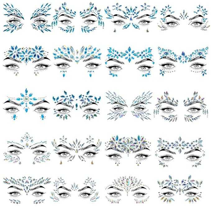 20 Sets Face Jewels Face Gems Mermaid Glitter Rhinestone Crystal Sticker Waterproof Eyes Face Temporary Tattoos for Party,Rave Festival,Carnival,Holiday Costumes,Rave Accessories,Makeup