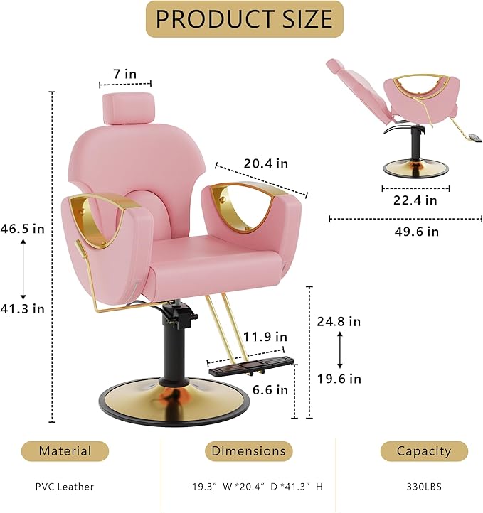 Barber Chair, Reclining Hair Salon Chair, 360 Degrees Swivel Styling Chair, Height Adjustable Hydraulic Shampoo Chairs, Spa Equipment (Pink)