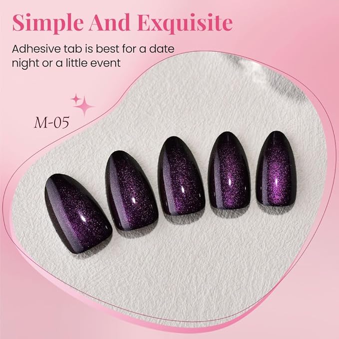 Cat Eye Purple Press On Nails Short Almond 30 Pcs, Designer Reusable Acrylic Fake Nails with Glue, Glossy Soft Gel Nails Wedding and Party, Stick On Glue On Nails, Nails fro Women Gift