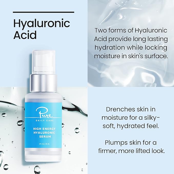 Pure Daily Care High Energy Hyaluronic Serum (1oz) - Hydrating Clinical Grade Hyaluronic Acid Serum