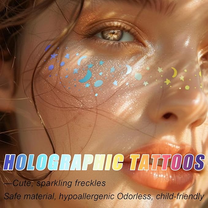 8PCS Glitter Freckles, Glitter Freckles Face Tattoo, Sparkle Freckles for Women and Kids, Cute Star Waterproof Gold Temporary Face Tattoos Glitter Glow Up Patches (8PCSG Holographic Multicolor)