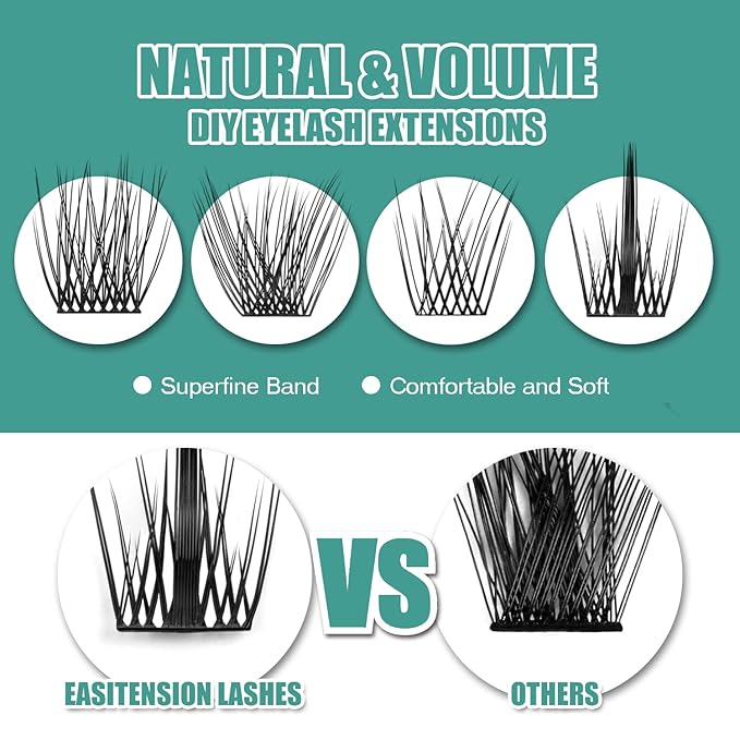 DIY Eyelash Extension, 3D Effect Glue Bonded Band Individual Lash 48 Clusters Volume Lashes Set, Home Eyelash Extension, C curl Lashes Pack 12MM-Spikes-48 Clusters