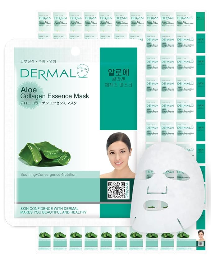 DERMAL Aloe Collagen Essence Facial Mask Sheet 23g Pack of 100 - Skin Revitalizing & Soothing, Refreshing and Moisturizing, Sunburn Relief, Daily Skin Treatment Solution Sheet Mask