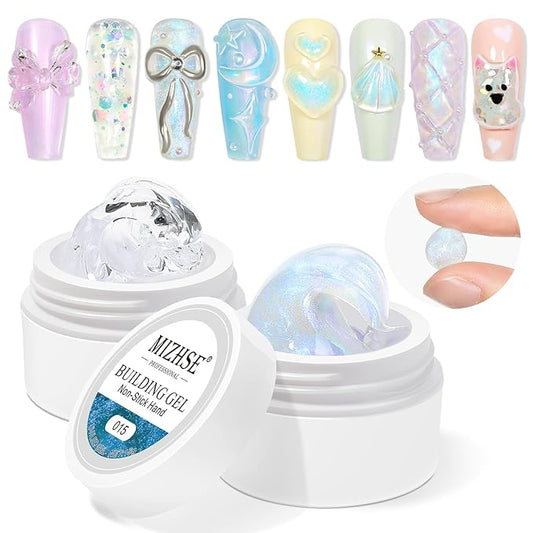 MIZHSE Non-Sticky Solid Builder Gel, Aurora Blue and Clear Sculpting Gel for Nails, Mermaid Pearl Building Carving Modeling Hard Extension 3D Nail Art Salon Home DIY