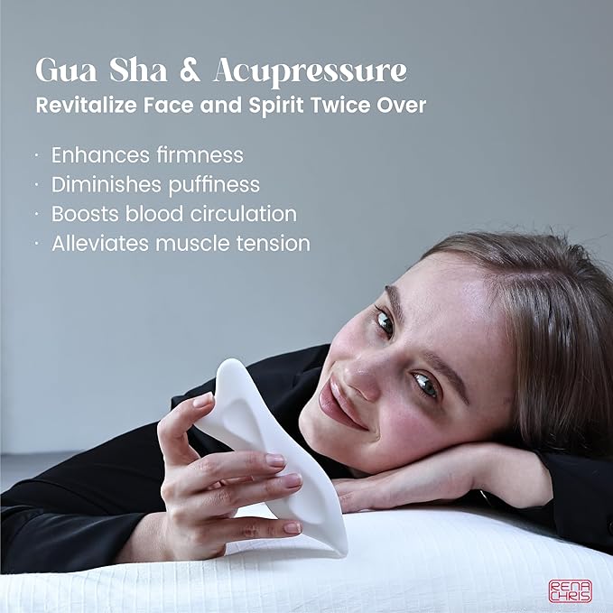Rena Chris 3D Ceramic Gua Sha Facial Tools - Acupressure & Guasha for Face Massage, Jawline Sculpting, Puffiness Reduction, Skin Care Tool (White)