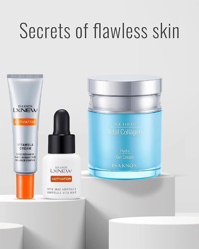 ISA KNOX AGE FOCUS VITAL COLLAGEN Hydra Gel Cream, LXNEW VITA MAX Ampoule, LXNEW VITAMELA Cream (15 ml/3.89 fl oz) - Korean Skin Care by LG Beauty. Vitamins C, B12 & E.