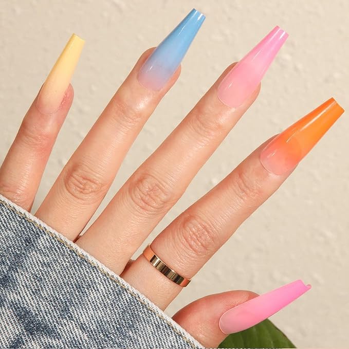Coffin Press on Nails Long Colorful Fake Nails French Tip Nails Press ons with Color Gradient Design Extra Long Glue on Nails Glossy Acrylic Artificial False Nails for Girls 24Pcs