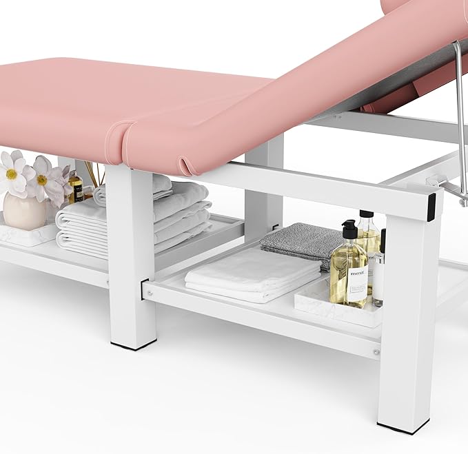 Folding Stationary Massage Table with Backrest and Storage Space, 6 Square Legs Metal Frame PU Leather, 30.5'' Wide × 75'' Long for Treatment Table Physical Therapy Table Spa Facial Bed, Pink