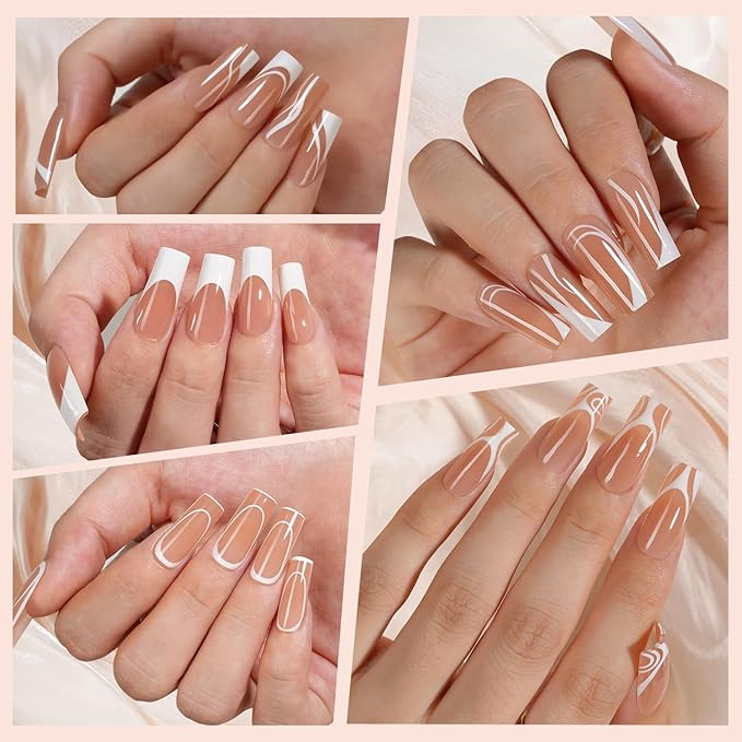 150Pcs French Gel Nail tips - Vansiho French Tip Press on Nails, Long Square Nail Tips, 5 Styles Swirl Nail Tips, Soft Gel Nails False Nail for Nail Art DIY 15 Sizes
