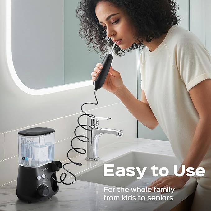 COSLUS Excellent Water Flosser for Teeth Cleaning: 12 Pressure Settings & 2 Modes for Orthodontic, Braces, Sensitive - Patented Storage, 5 Jet Tips and 600ML Tank for Family, Home Use, Black, E2