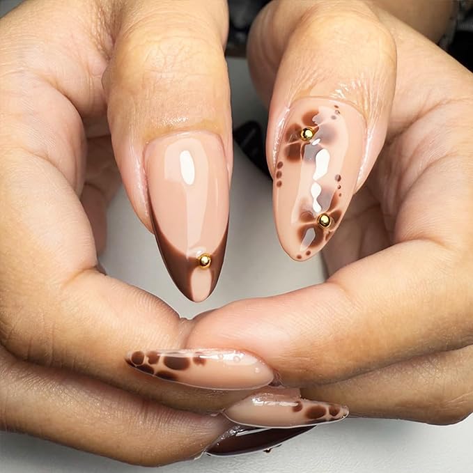 IMRAIN Medium Press on Nails Almond Fake Nails Brown French Tip False Nails with Flower Design Glue on Nails Full Cover Stick on Nails Artificial Acrylic Nails for Women Manicure 24Pcs