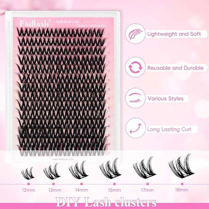 FADLASH Lash Clusters Natural Eyelash Clusters 12-18mm DIY D Curl Cluster Eyelash Extensions Reusable Individual Lashes with Soft Thin Band for Self Use (SBD006, 12-18mm)