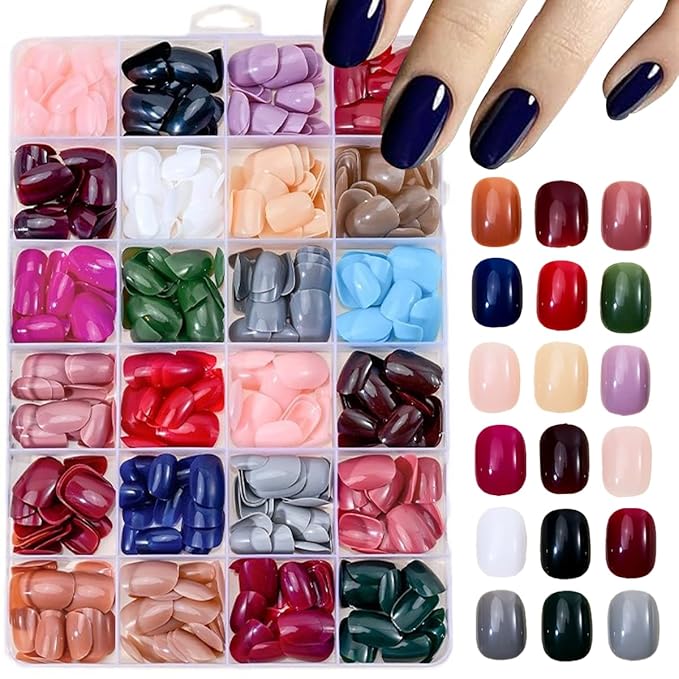 576Pcs short Press on Nails Solid Color Fake Nails Full Cover Squoval False Nails 24 Color Glossy Acrylic Glue on Nails Reusable Square Artificial Stick on Nail for Women Manicure