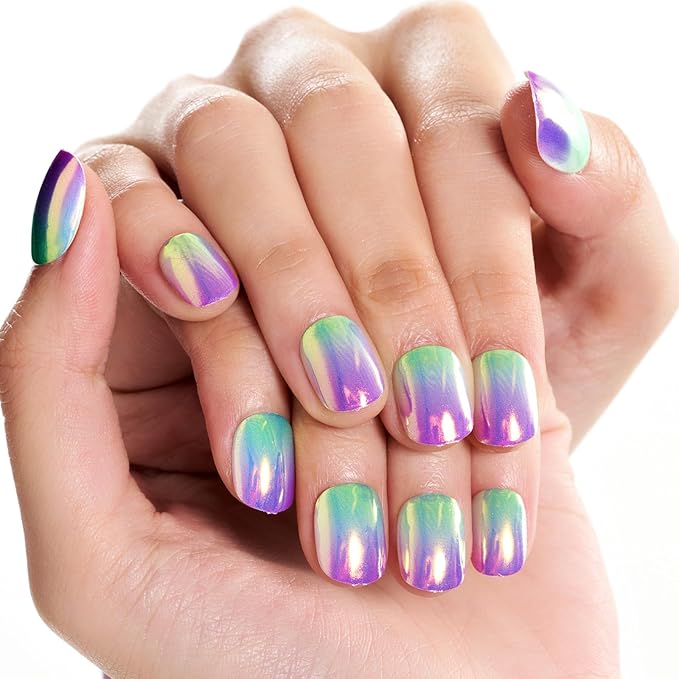 GLAMERMAID Extra Short Press on Nails 24PCS, Handmade Purple Green Ombre Chrome Fall Gel Glue on Nails, Glossy Round Reusable UV Finish Fake Nails Acrylic False Nails Manicure Kits for Women