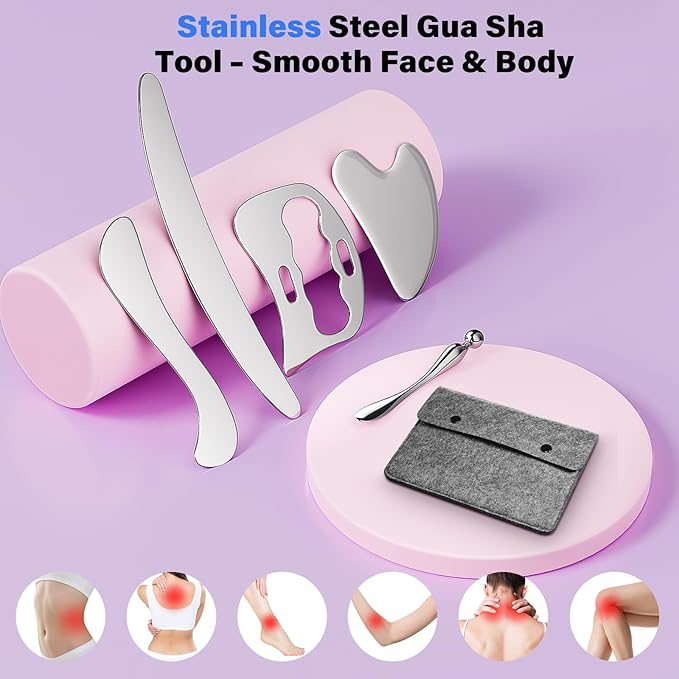 5 in 1 Muscle Scraper Tools Kit - Stainless Steel Gua Sha Massage Tools for Physical Therapy, Derma Edge Scraping for Face & Body, 5 PCS Guasha Set for Deep Tissue & Relaxation（5 PCS）