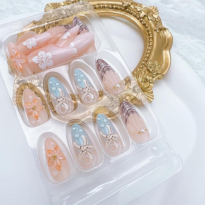 24Pcs Summer Beach Press on Nails Medium Almond Fake Nails with 3d Starfish Designs Hibiscus Flower Acrylic Nails Full Cover French Nail Tips Pearl Rhinestone Stick on Nails for Women Nail Supplies