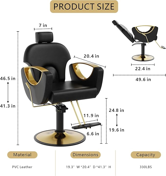 Barber Chair, Reclining Hair Salon Chair, 360 Degrees Swivel Styling Chair, Height Adjustable Hydraulic Shampoo Chairs, Spa Equipment (Black)