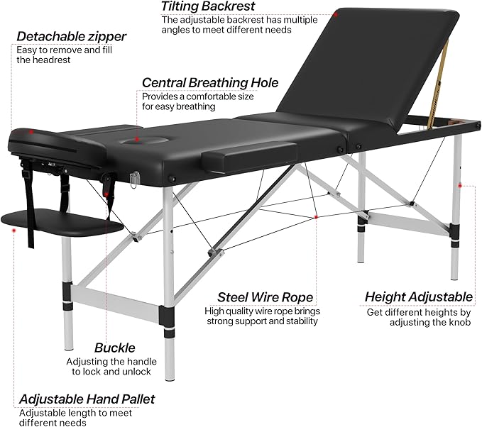 Massage Table Massage Bed, Portable 3 Section Foldable Tattoo Bed, Height Adjustable Lash Spa Bed with Face Cradle, Home Light Weight Facial Salon Bed with Aluminum Frame, Black