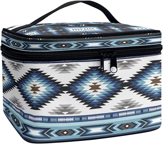 Western Makeup Bags for Woment Tribal Ethnic Tribal Aztec Navajo Portable Cosmetic Travel Bags with Zipper and Carry Handle Large Capacity Toiletry Case Organizer Storage Pouch