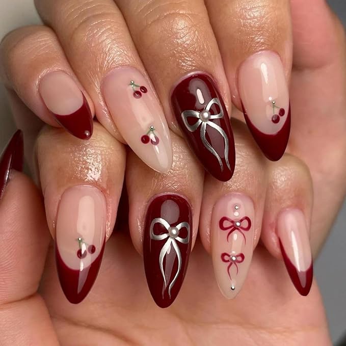 Red French Tip Press on Nails Cherry Fake Nails Short Almond False Nails with Pearl Design Bow Glue on Nails Glossy Artificial Acrylic Full Cover Nude Stick on Nails for Women Manicure 24Pcs