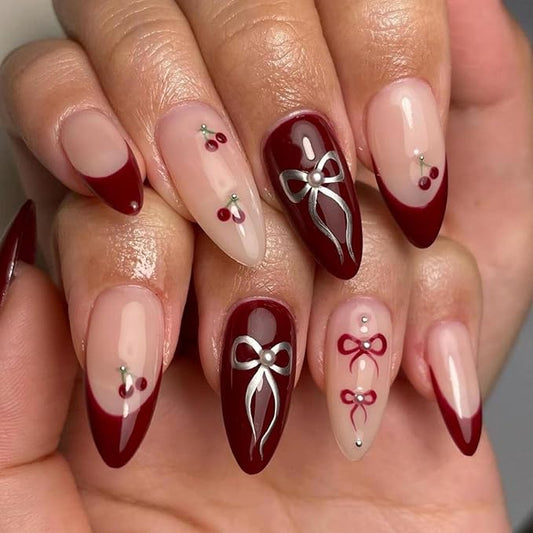 Red French Tip Press on Nails Cherry Fake Nails Short Almond False Nails with Pearl Design Bow Glue on Nails Glossy Artificial Acrylic Full Cover Nude Stick on Nails for Women Manicure 24Pcs