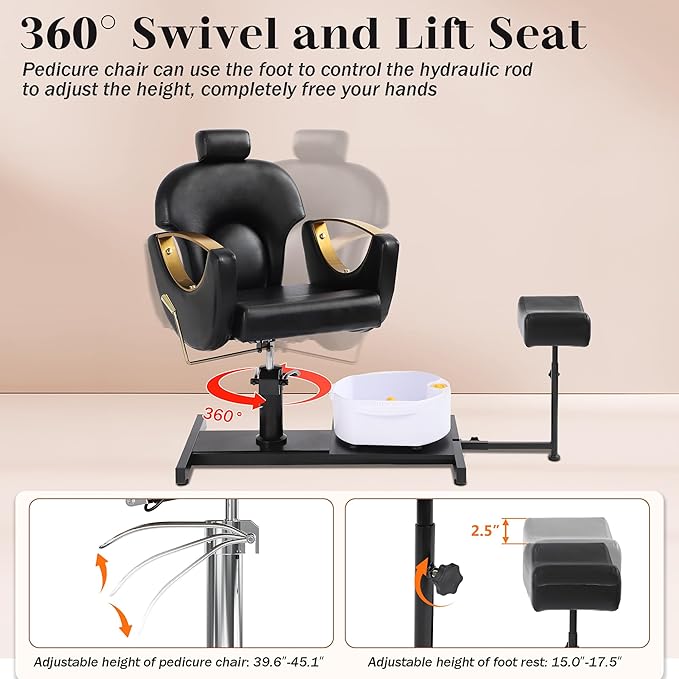 Pedicure Station No Plumbing, Hydraulic Pedicure Chair for Nail Tech, Height Adjustable Reclining Pedicure Station Unit, 360 Degree Swivel Foot Spa Chair with Massage Foot Bath (Black)