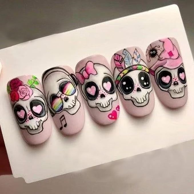 Pink Halloween Press on Nails Medium Almond Fake Nails Gothic Halloween False Nails with Rose Bow Design Cute Skeleton Stick on Nail Goth Acrylic Nail for Women DIY Manicure Decorations 24Pcs
