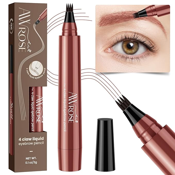 AWROSE Eyebrow Pencil, 3D Waterproof Microblading Eyebrow Pen 4 Fork Tip Tattoo Pencil, Precise Natural Brow Magic Eye Brow Pencil with Hair Like Strokes, 4 Points Multi-Used Eye Brow Pen for Women
