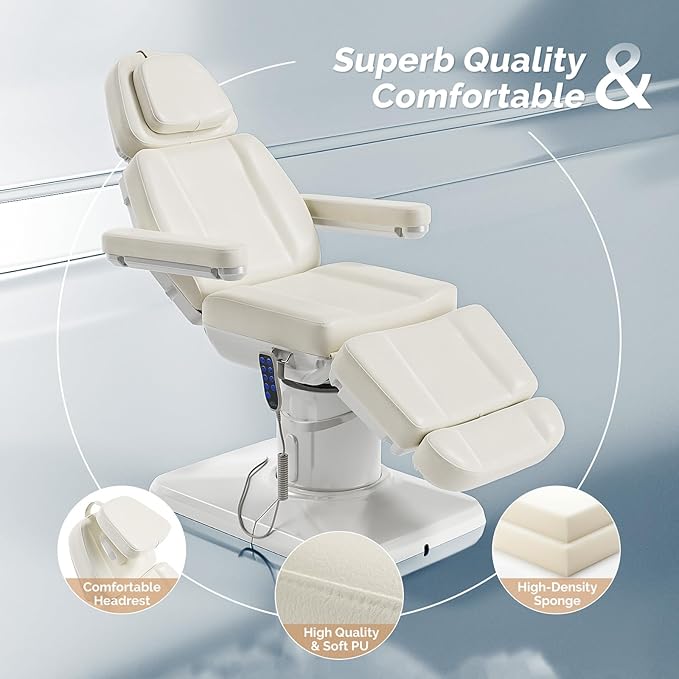 OmySalon Electrical Facial Beauty Spa Medical Treatment Bed, 120° Rotation Massage Tattoo Dental Aesthetic Chair with 3 Motors & Remote Control, Off White