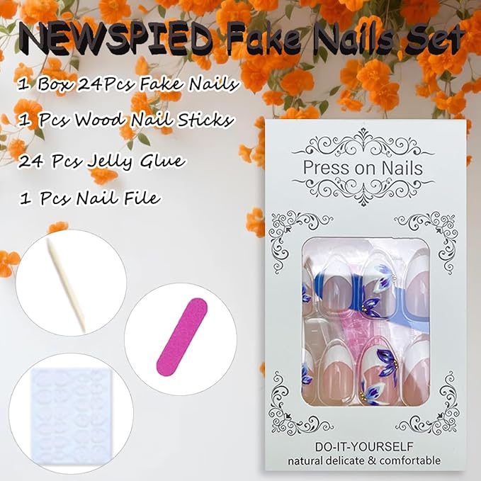 24Pcs White French Tip Press on Nails Medium Almond 3D Flower Fake Nails with Gold Pearl Designs Glossy Artificial Acrylic Full Cover False Nails Blue Floral Nails Summer Press ons for Women Manicure