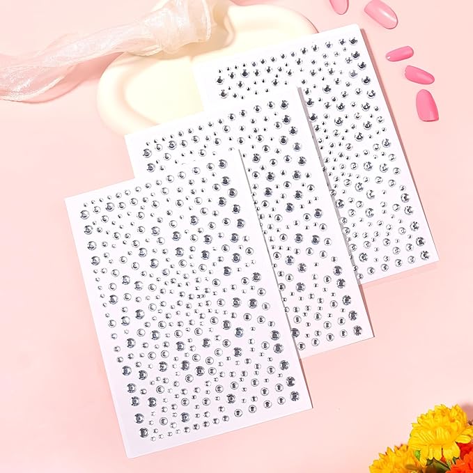 975Pcs Face Gems Hair Gems, Self-Adhesive Face Jewels Eye Jewels Rhinestones 3/4/5/6 mm DIY Face Gems Stick on, Hair Body Rhinestones Gems Crystals Pearls for Face Makeup, Crafts (gem_White)
