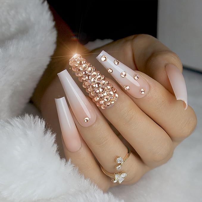 Yivaiks Ballerina 24pcs Press-on Nails Kit, Acrylic False Nails with Rhinestones Design, 12 Sizes for Women, Glossy Artificial Nails for Special Occasions and Daily Use