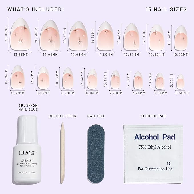 Lilac St - Press On Nails, Seeing Stars (30 Nails, 15 Sizes) - Medium, Almond, Glossy, Opaque - Brush-On Nail Glue, Nail File, Cuticle Stick, Prep Pad - Reusable - Cruelty Free, Vegan, Women Founded