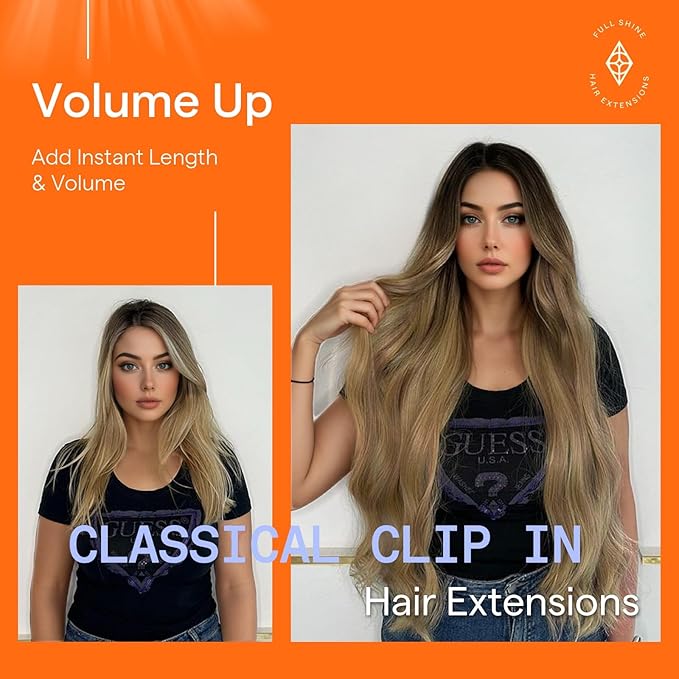 Full Shine Hair Extensions Clip ins Brown Balayage 12 Inch Dark Brown Ombre Light Brown Highlights Caramel Blonde Clip in Real Hair Extensions for Short Thin Hair 95 G 7 Pcs