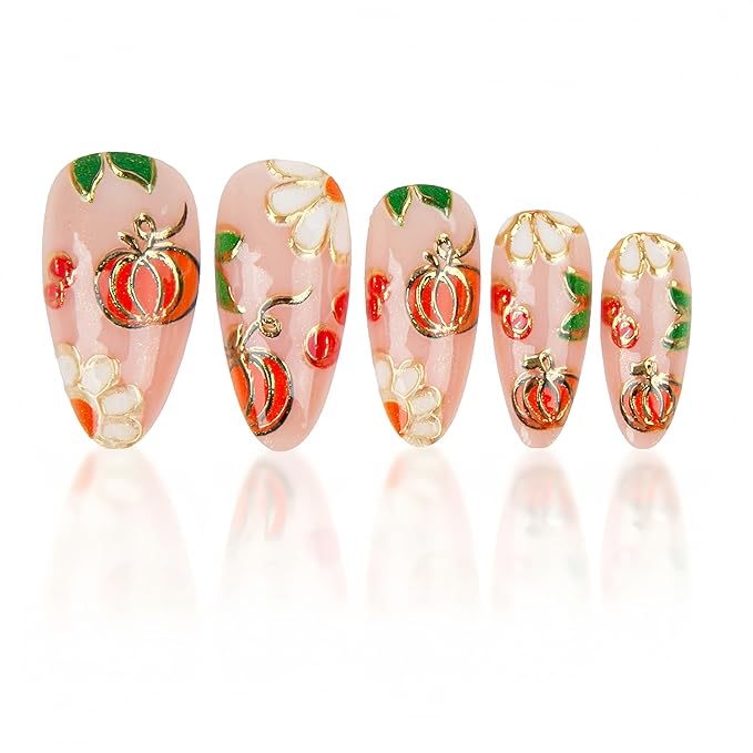 24Pcs Fall Press on Nails Medium Almond Thanksgiving Fake Nails Autumn Gilded Pumpkin Daisy Full Cover Fall Leaves False Nails Reusable Autumn Acrylic Nail Glue on Nail for Women Nail Decoration