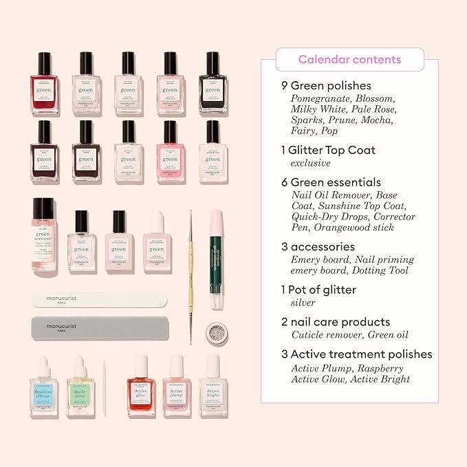 Manucurist Green & Active Advent Calendar 2025-24 Full Size Products : Green Nail Polish Colors, Active Glow, Nail Care & Accessories - Christmas Gifts for Women - Advent Calendar for Adults