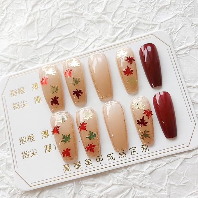 24Pcs Fall Press on Nails Long Coffin Fake Nails Glitter Maple Leaves Full Cover False Nail Thanksgiving Glue on Nails Maple Leaf Acrylic Nail Red Brown Autumn Artificial Stick on Nail for Women
